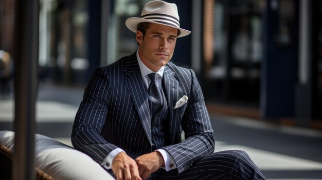 Foto uomo elegante in abito a righe e fedora