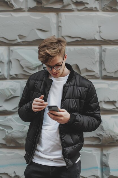 Stylish Man Reading Smartphone Textured Wall