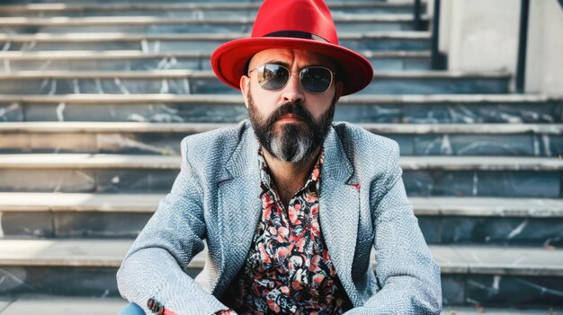 Foto uomo elegante con cappello rosso e occhiali da sole sulle scale urbane