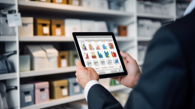 A stylish man in a suit confidently holds a cuttingedge tablet