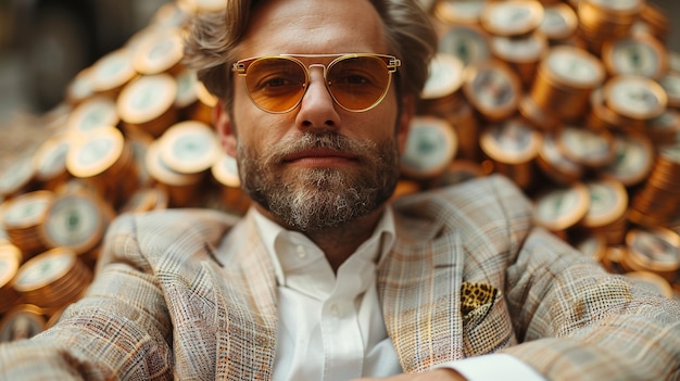 Photo stylish man in suit and sunglasses sitting in chair generative ai