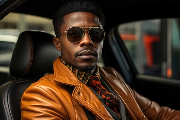 Stylish man in sunglasses and orange leather jacket poses confidently in a modern car reflecting urban sophistication