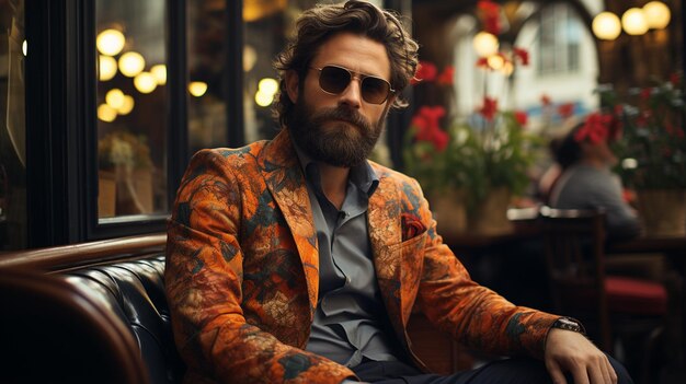 стильный мужчина в солнцезащитных очках сидит в кафе с апельсином и апельсиновым соком и смотрит в камеру
