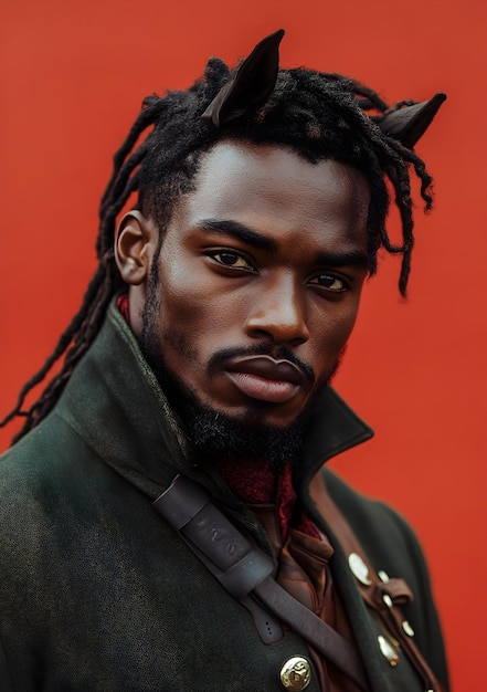 stylish man with dreads and horns red background