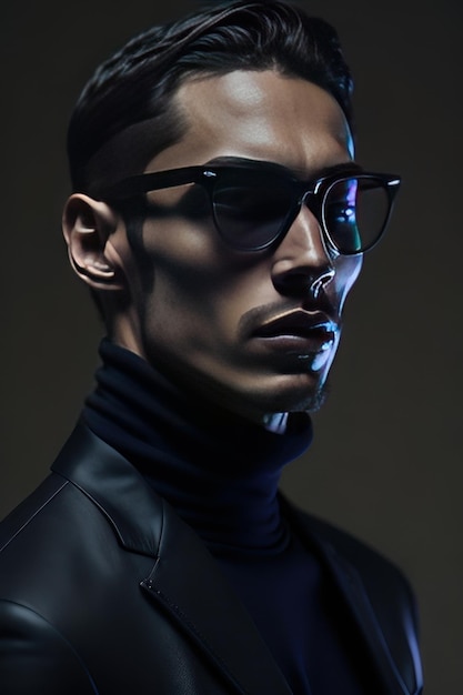 Stylish man with sunglasses and with black details clothes Generative AI