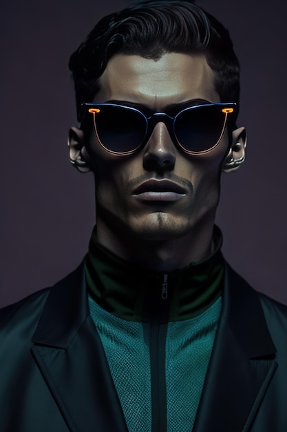 Stylish man with sunglasses and with black details clothes Generative AI