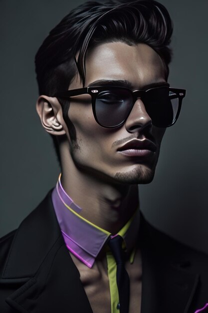 Stylish man with sunglasses and with black details clothes Generative AI