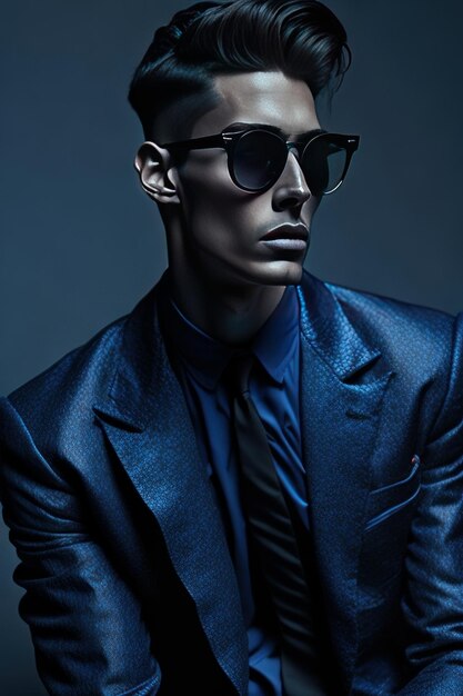 Stylish man with sunglasses and with blue details clothes Generative AI