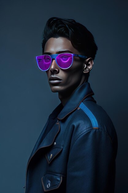 선글라스와 파란색 세부 옷을 입은 세련된 남자 Generative AI