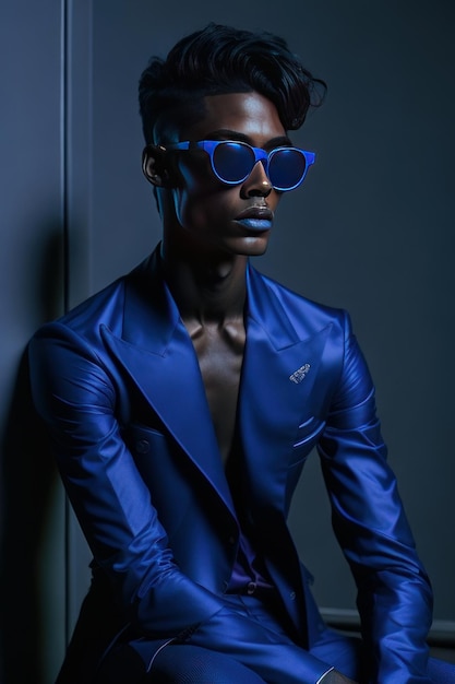 Stylish man with sunglasses and with blue details clothes Generative AI