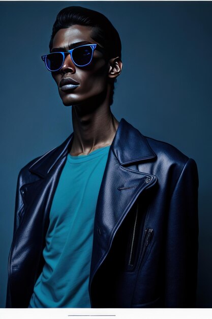 선글라스와 파란색 세부 옷을 입은 세련된 남자 Generative AI
