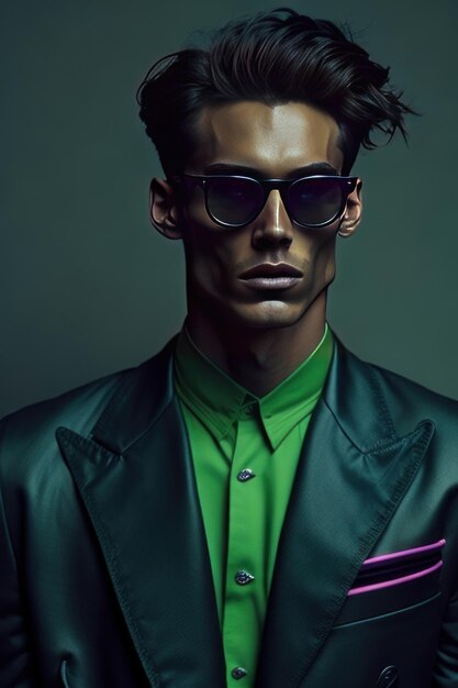 Stylish man with sunglasses and with green details clothes Generative AI