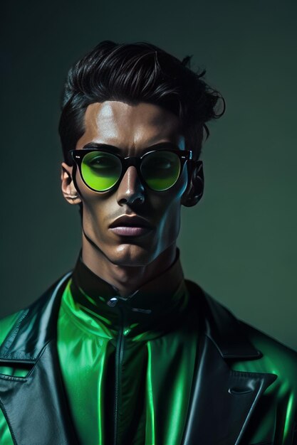 Photo stylish man with sunglasses and with green details clothes generative ai