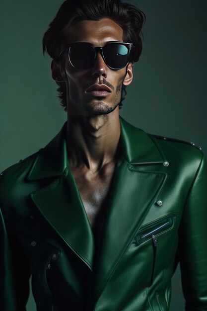 Photo stylish man with sunglasses and with green details clothes generative ai