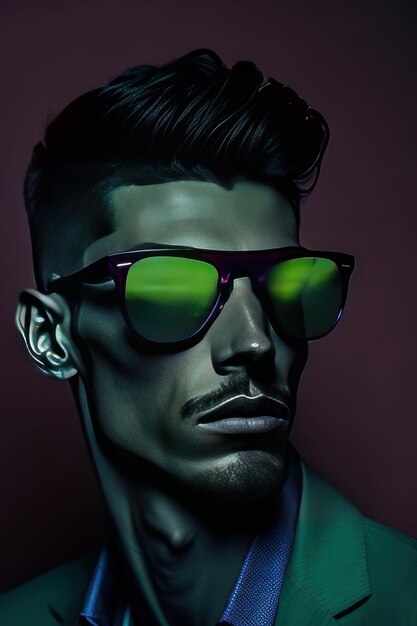 Stylish man with sunglasses and with green details clothes Generative AI