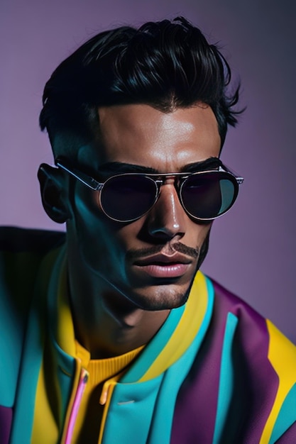 Foto uomo alla moda con occhiali da sole e vestiti con dettagli bianchi ia generativa