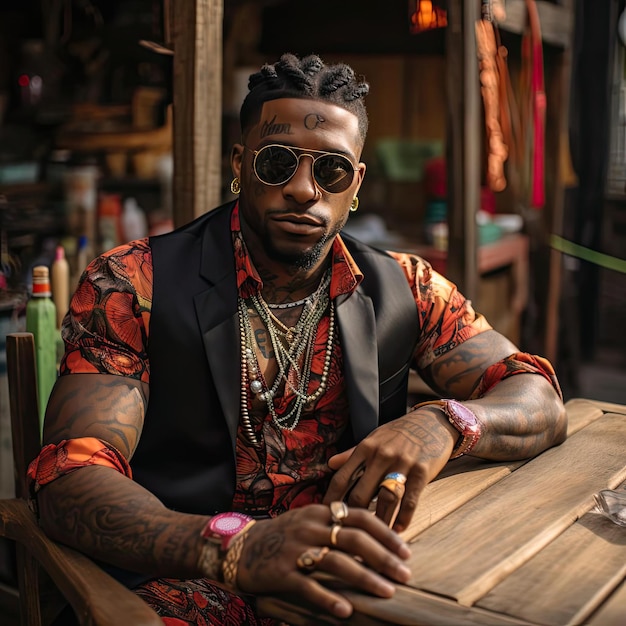 Photo stylish man with tattoos sitting at a vibrant table