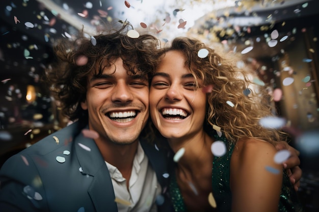 Stylish man and woman celebrating an event with falling confetti on background