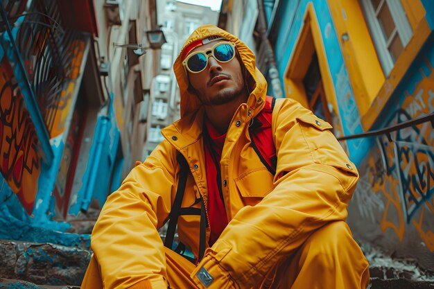 Photo stylish man in yellow jacket sitting on steps generative ai