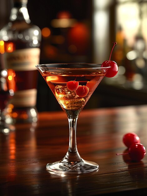 Фото Стильный манхэттенский коктейль с вишней и сахаром в винтажном баре