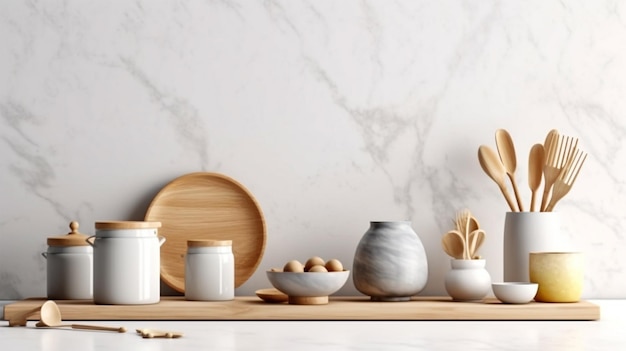 Stylish marble tabletop on wooden platform with copy space for your logo mockup at kitchen utensils and dishes on light wall background 3D rendering generative ai