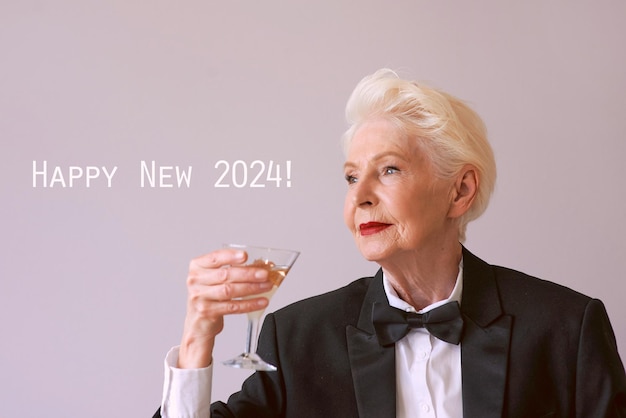 stylish mature senior woman in tuxedo with glass of sparkling wine celebrating New Year Fun party