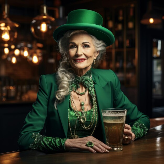 스타일리시한 성숙한 여성이 술집에서 녹색 옷을 입습니다.