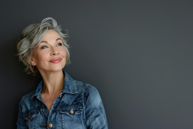 写真 stylish mature woman smiling against grey background in studio