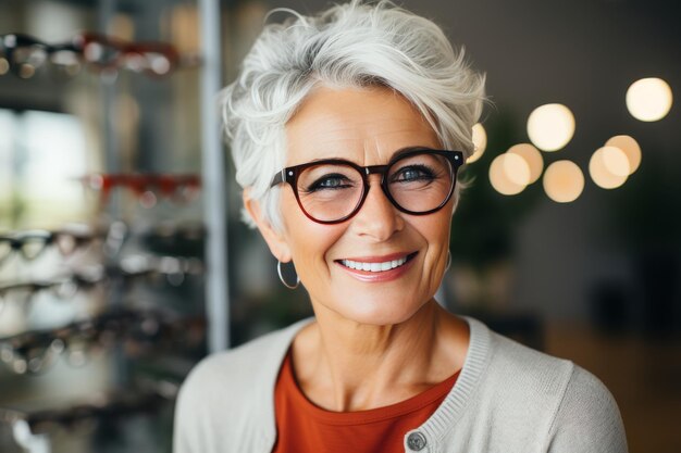 Foto donna matura e elegante con i capelli grigi naturali che si mette gli occhiali in un negozio di optometria.