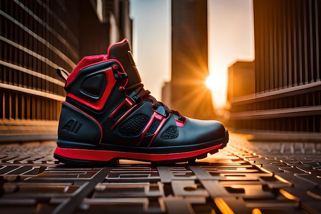 Photo stylish men's shoe on the floor on the street with the setting sun in the background