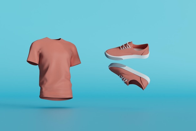 Стильная мужская спортивная одежда, мужская футболка и кроссовки коричневого цвета на синем фоне 3D рендеринг