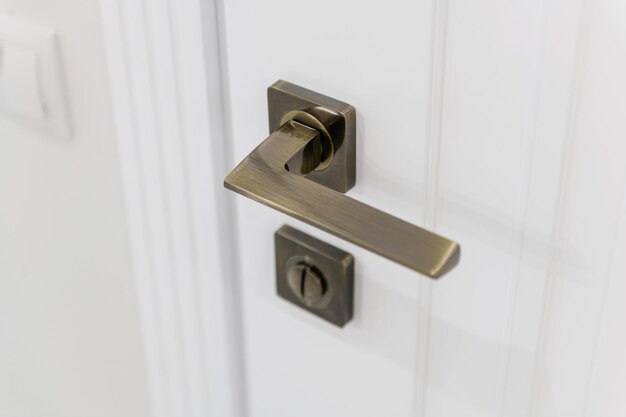 Stylish metal doorknob on a white door in a new house