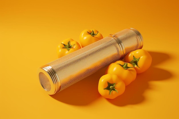 Stylish metal tube with cream inside on yellow tomatoes and net bag on yellow backgroun