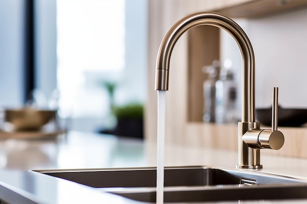 Stylish metallic crane at the kitchen Sink faucet at the kitchen Metal crane in clos Generative AI