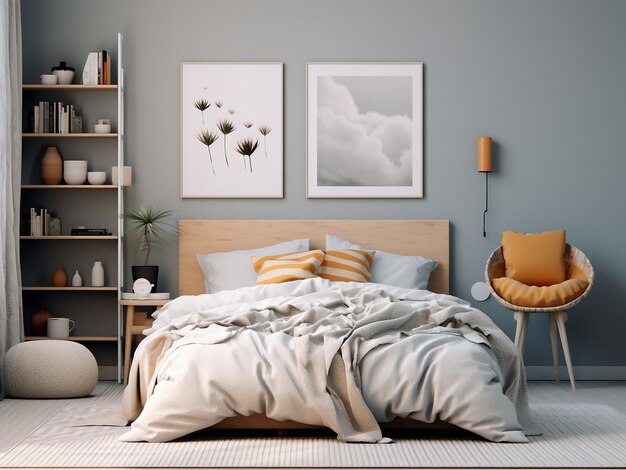 Stylish minimal bedroom interior curated furniture AI Generated