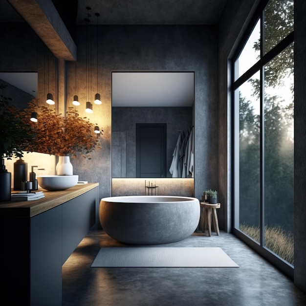 Stylish minimalist bathroom interior design Bathtub towels and other personal bathroom accessories