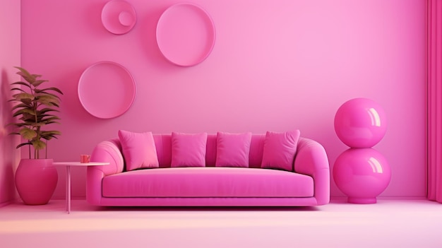 Stylish minimalist monochrome interior of modern cozy living room in pastel pink and purple tones
