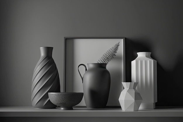 デザイン花瓶を使ったスタイリッシュなミニマルなグレーのコンポジション イラスト AIジェネレーティブ