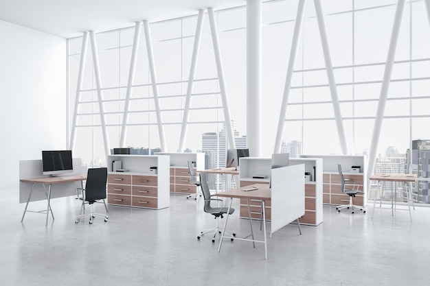 Stylish minimalistic white shades interior design of open space
office with eco wooden details on tables and cabinets light floor
and transparent wall with city view 3d rendering