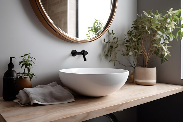 Stylish mirror with eucalyptus branches and glossy vessel