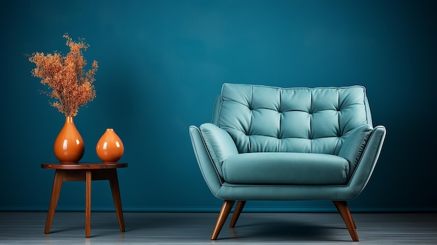 Stylish modern armchair near blue wall with copy space