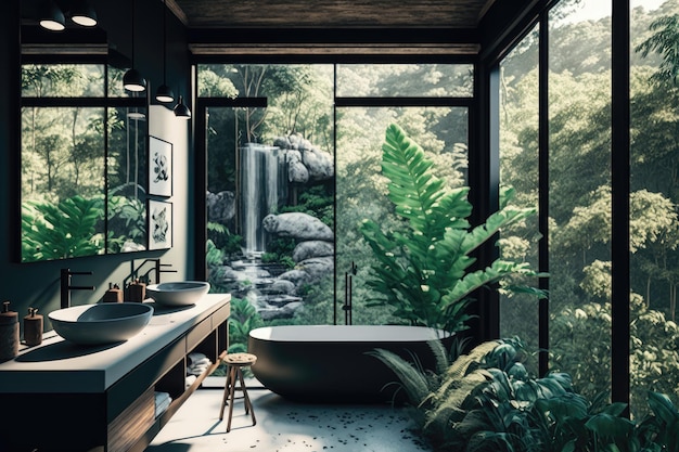 Стильная современная ванная комната с большими окнами с видом на генеративный искусственный интеллект