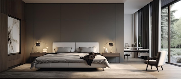 Stylish modern bedroom with spacious bed elegant mirror and distinctive overhead light