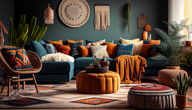 Stylish and modern boho inspired living room AI