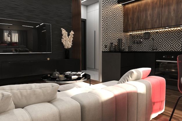 Elegante e moderno design degli interni scuri di un piccolo appartamento accogliente mobili imbottiti alla moda illuminazione incorporata una cucina chic e un muro decorativo in rilievo nero dietro la tv