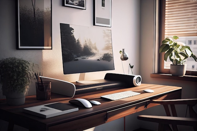 A stylish and modern desk with a sleek computer minimalist accessories and natural lighting