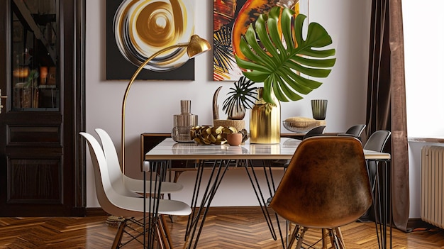 Photo stylish and modern dining room interior with design sharing table gold pedant lamp ai generative