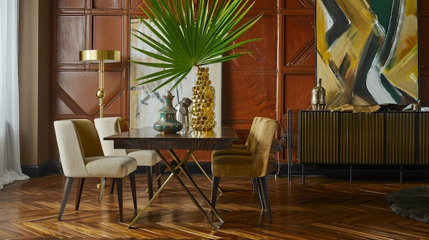 Stylish and modern dining room interior with design sharing table gold pedant lamp AI Generative