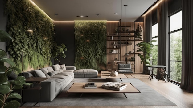 A stylish and modern home interior with vertical gardens AI generated