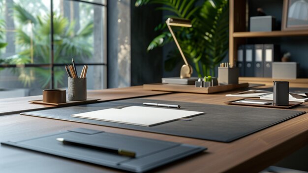 Foto un ufficio domestico elegante e moderno con una grande scrivania in legno una comoda sedia in pelle e una bellissima vista sulla città